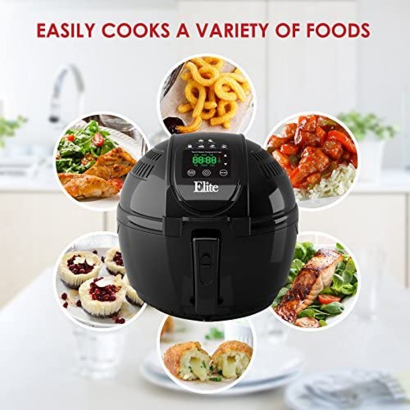 Elite Platinum EAF-2500D Dual Basket 3.5Qt Electric Digital Hot Air Fryer, 1400-Watts, Oil-Less Healthy Cooker, Temp/Timer Settings, PFOA/PTFE Free, Includes 26 Full Color Recipes, Black