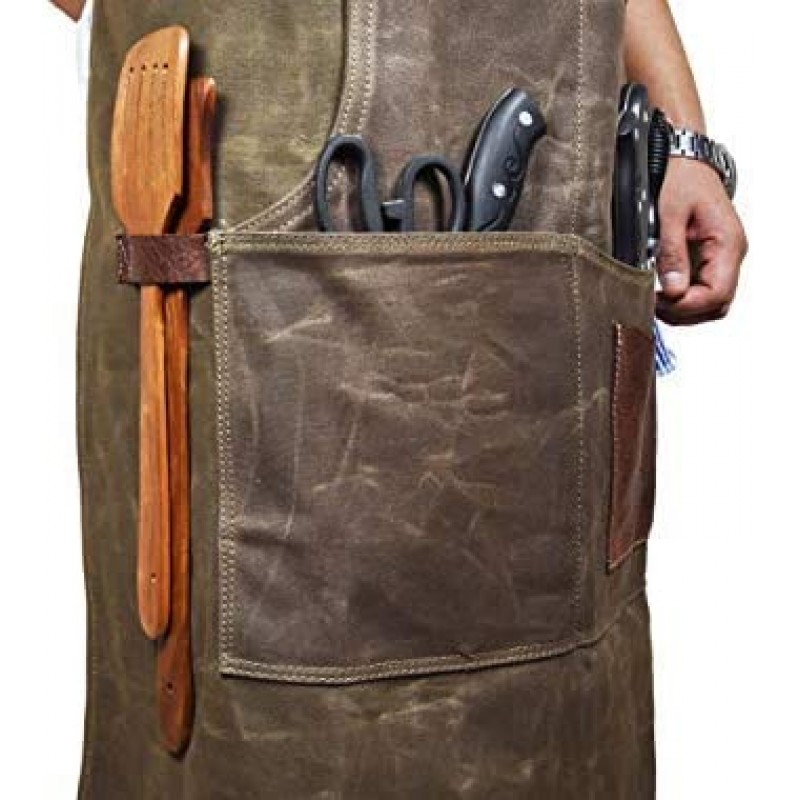 One Size Fits Utility Apron | Adjustable Cross-Back Straps | Multi-Use Shop Apron With Tool Pockets By Aaron Leather (Canvas - Green)