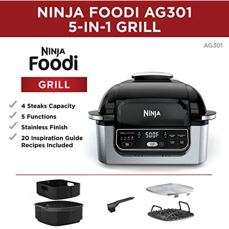 Ninja Foodi AG301 5-in-1 Indoor Electric Countertop 4-Quart Air Fryer, Roast, Bake, Dehydrate, and Cyclonic Grilling Technology, 10" x 10", Black/Silver