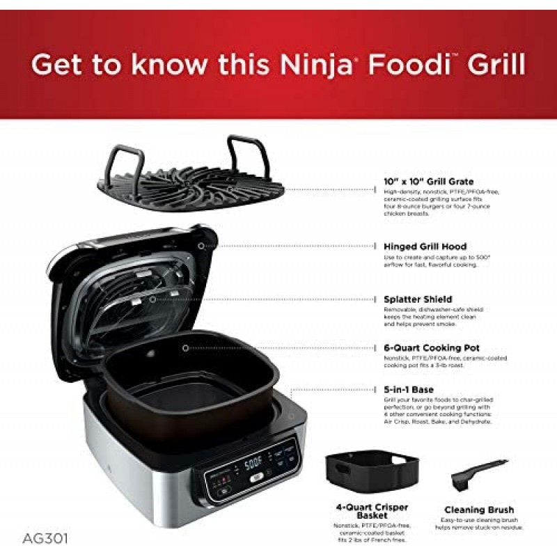 Ninja Foodi AG301 5-in-1 Indoor Electric Countertop 4-Quart Air Fryer, Roast, Bake, Dehydrate, and Cyclonic Grilling Technology, 10" x 10", Black/Silver