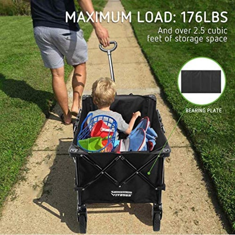 VIVOSUN Heavy Duty Collapsible Folding Wagon Utility Outdoor Camping Garden Cart with Universal Wheels & Adjustable Handle, Black