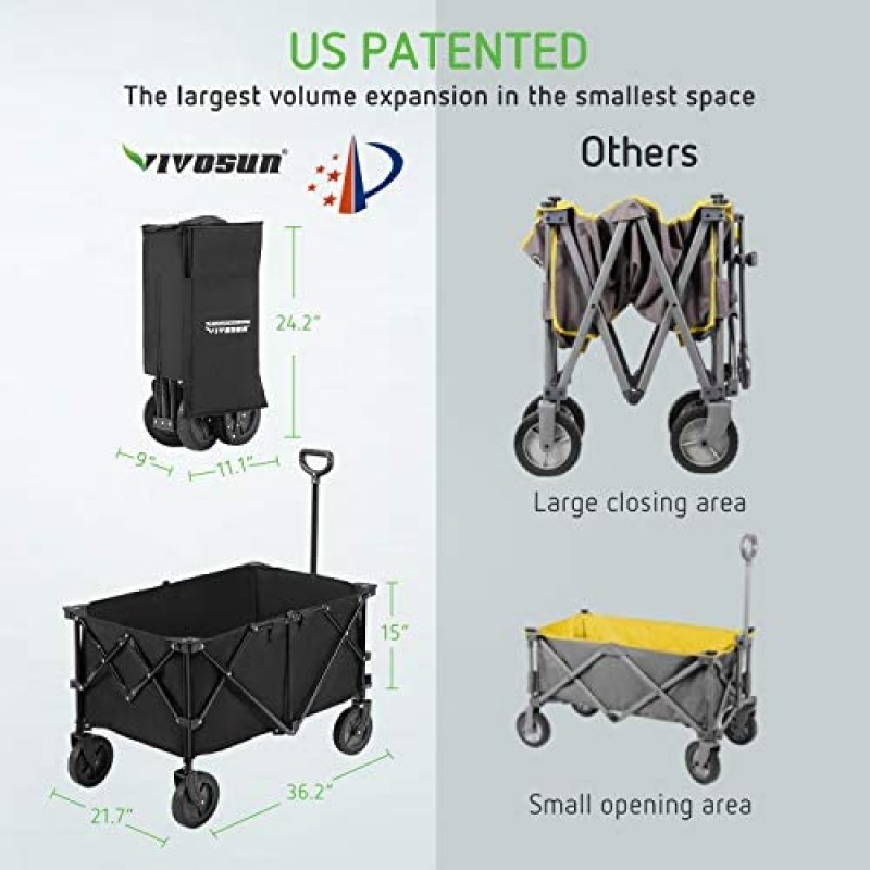 VIVOSUN Heavy Duty Collapsible Folding Wagon Utility Outdoor Camping Garden Cart with Universal Wheels & Adjustable Handle, Black