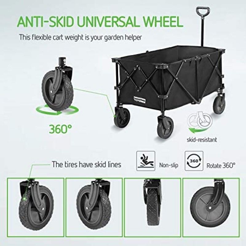 VIVOSUN Heavy Duty Collapsible Folding Wagon Utility Outdoor Camping Garden Cart with Universal Wheels & Adjustable Handle, Black