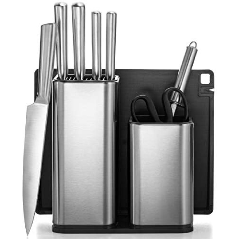 10-Piece Stainless Steel Kitchen Knife Set - Newly-Innovative Kitchen Knifes Set with Utensil Holder - 5 Stainless Steel Knives - Knife Sharpener - Kitchen Scissors - Cutting Board- Knife Block holder