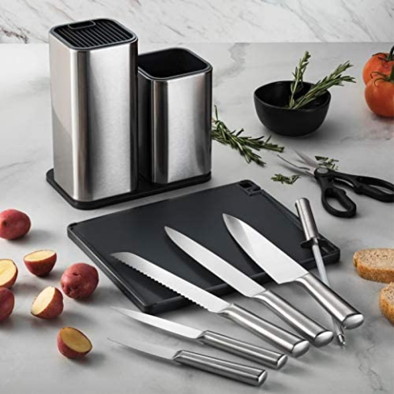 10-Piece Stainless Steel Kitchen Knife Set - Newly-Innovative Kitchen Knifes Set with Utensil Holder - 5 Stainless Steel Knives - Knife Sharpener - Kitchen Scissors - Cutting Board- Knife Block holder