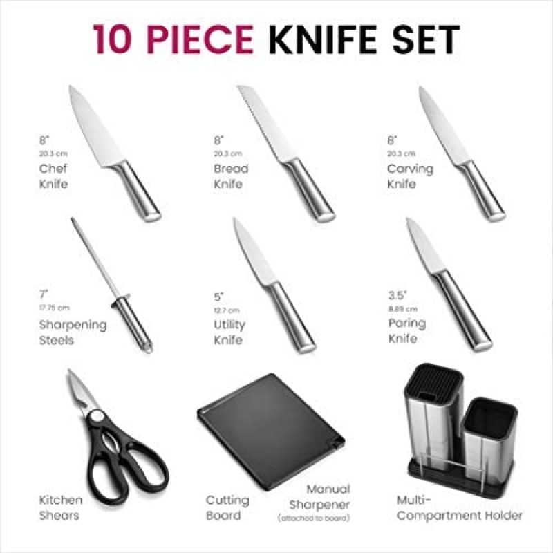 10-Piece Stainless Steel Kitchen Knife Set - Newly-Innovative Kitchen Knifes Set with Utensil Holder - 5 Stainless Steel Knives - Knife Sharpener - Kitchen Scissors - Cutting Board- Knife Block holder