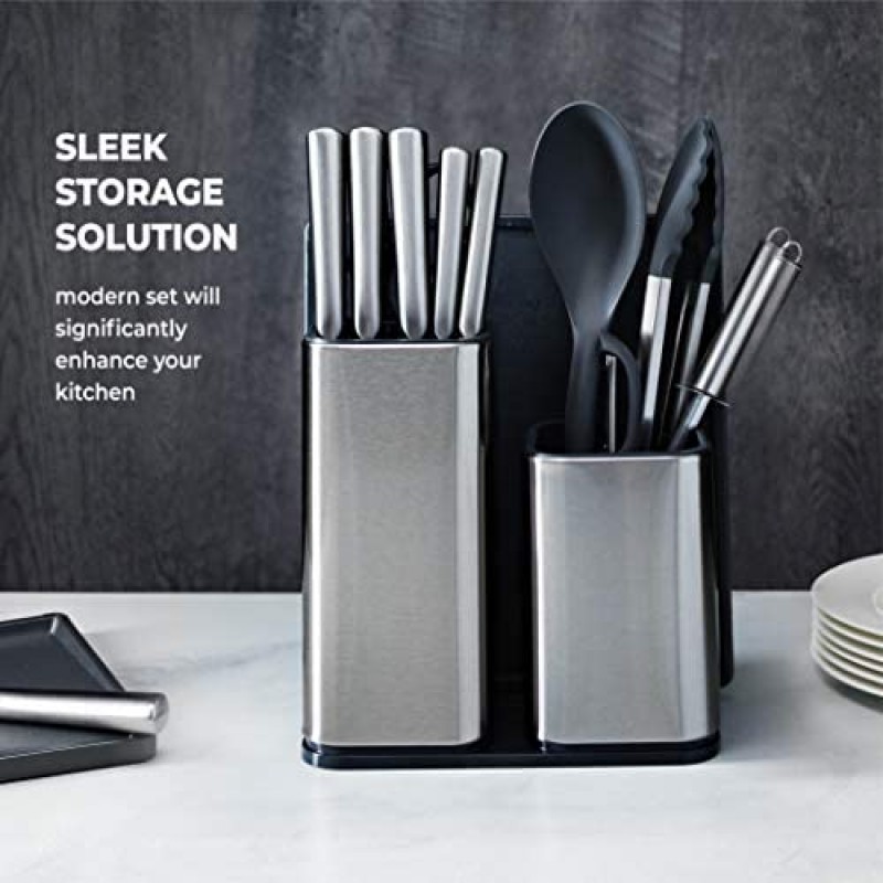 10-Piece Stainless Steel Kitchen Knife Set - Newly-Innovative Kitchen Knifes Set with Utensil Holder - 5 Stainless Steel Knives - Knife Sharpener - Kitchen Scissors - Cutting Board- Knife Block holder