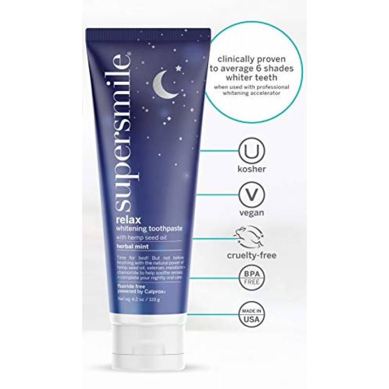 Supersmile Supersmile Relax Teeth Whitening Toothpaste with Hemp, Melatonin and Chamomile - Relax While Brushing - Clinically Proven to Whiten Teeth Up to 6 Shades (Herbal Mint, 4.2 Oz), 4.2 oz.