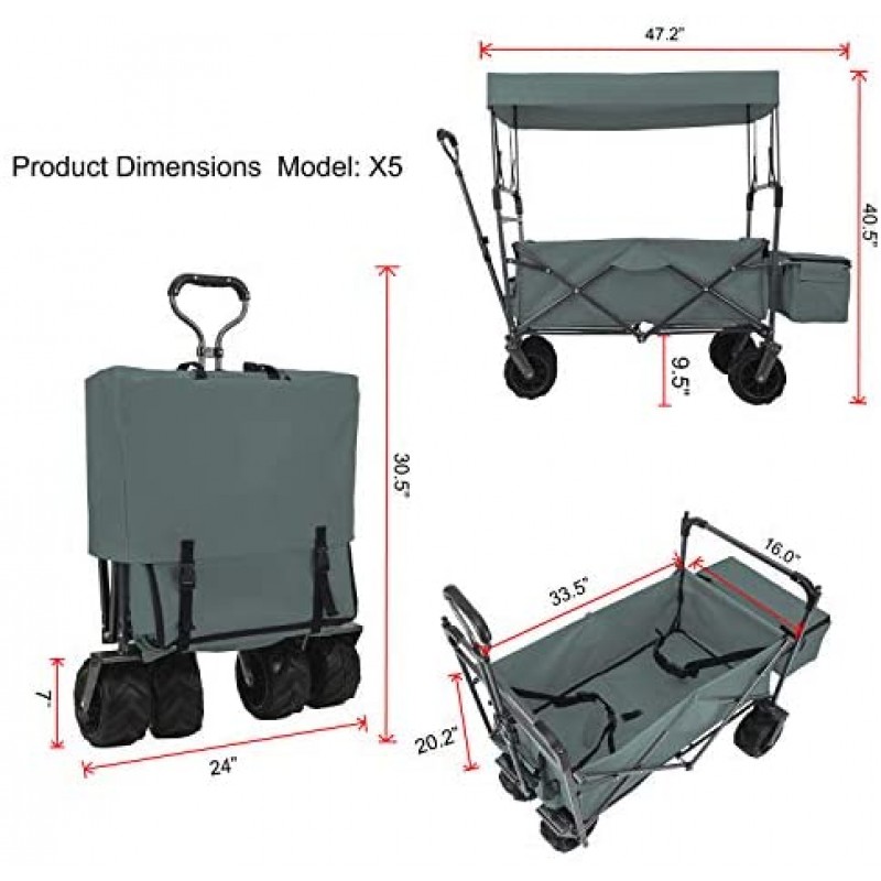 EXTEC Folding Stroller Wagon Collapsible with Canopy Outdoor Sport Baby Trolley Garden Utility Shopping Travel Beach Wagon/Cart - Easy Setup NO Tool Needed (Grey)