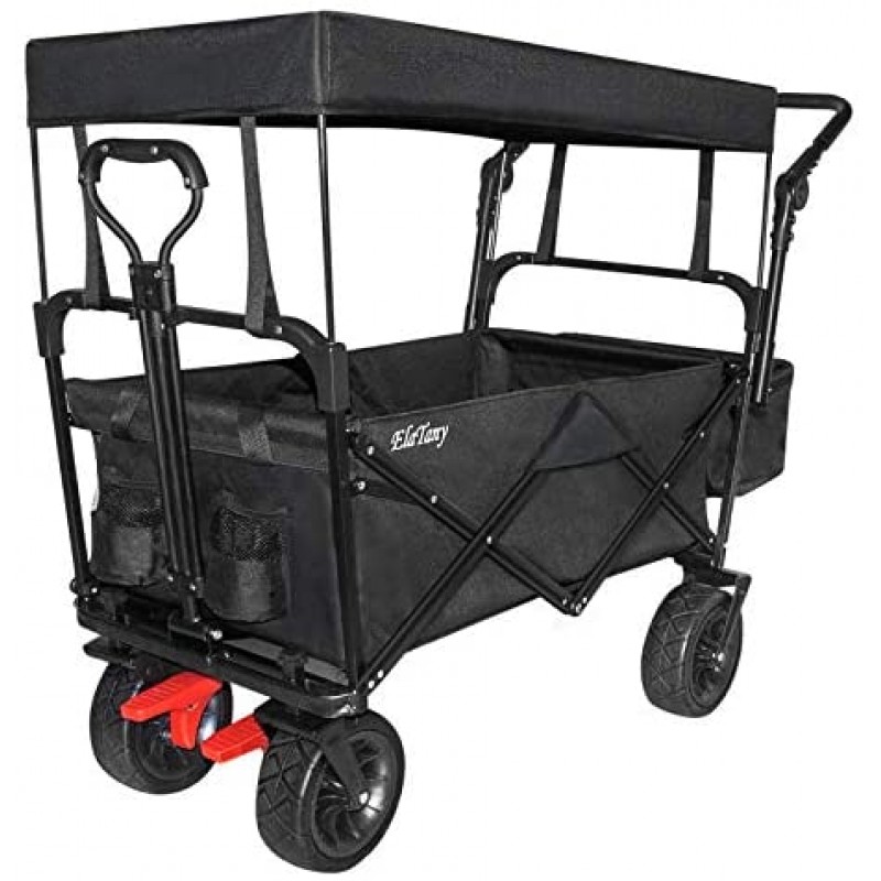 Elatany Heavy Duty Folding Outdoor Collapsible Utility Wagon Cart with Brake Big Wheels and Canopy for Grocery Beach Black 176Lbs Loading Capacity