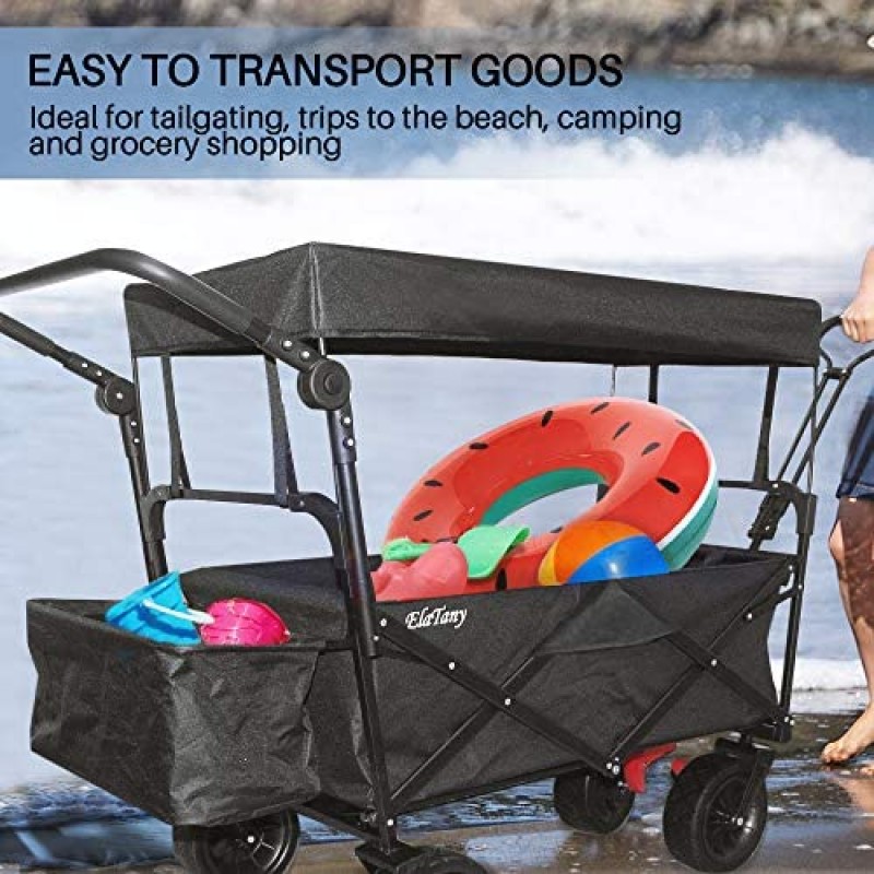 Elatany Heavy Duty Folding Outdoor Collapsible Utility Wagon Cart with Brake Big Wheels and Canopy for Grocery Beach Black 176Lbs Loading Capacity