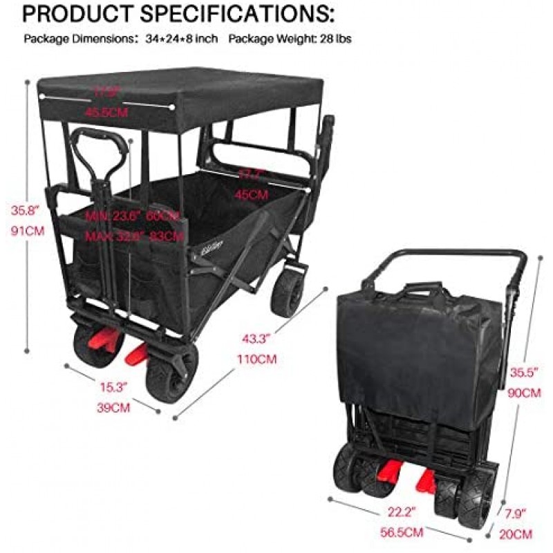 Elatany Heavy Duty Folding Outdoor Collapsible Utility Wagon Cart with Brake Big Wheels and Canopy for Grocery Beach Black 176Lbs Loading Capacity