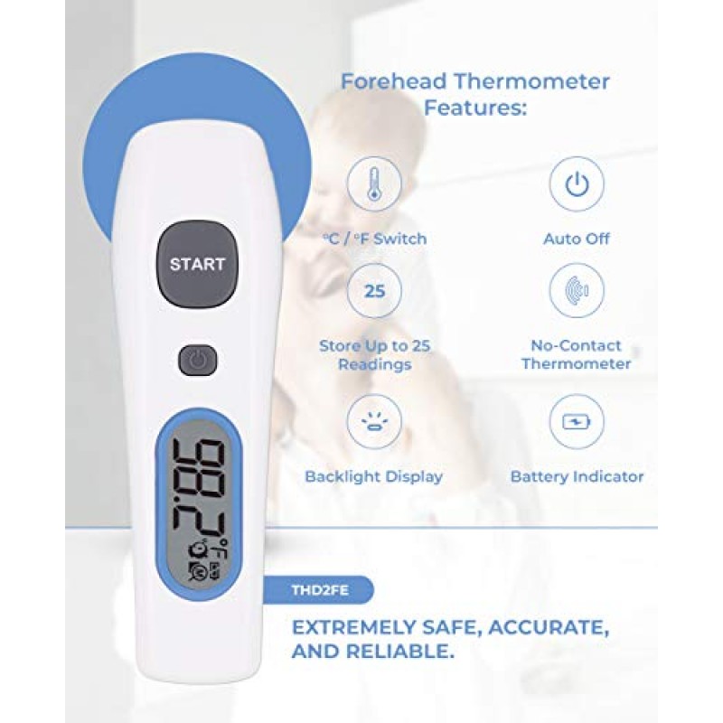 Infared Metris Instruments Model THD2FE Non-Contact Infrared Forehead Body Thermometer | No-Touch Clinical Hospital Medical-Grade Accuracy Digital Thermometers | for Professional and Home Use